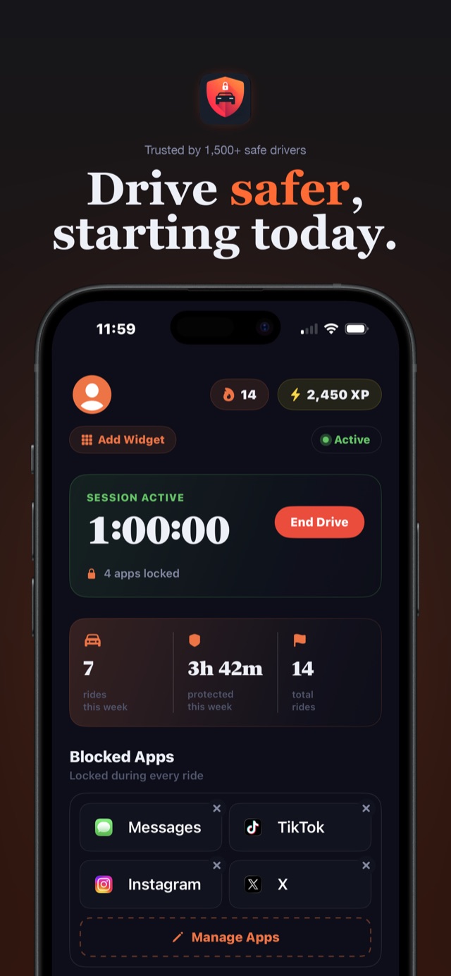 DriveBlock home screen with an active drive session, streak, XP, and blocked apps: Messages, TikTok, Instagram, and X